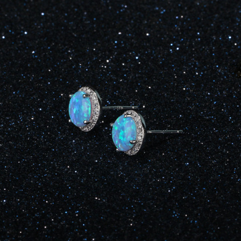 Vibrant Cultured Blue Opal Earrings set in 925 Silver(Round 8mm 