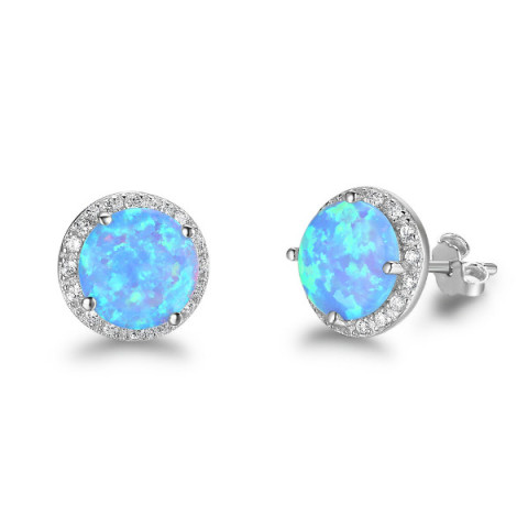 Vibrant Cultured Blue Opal Earrings set in 925 Silver(Round 8mm 