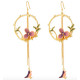 Long Tassel Hook Drop Earrings With Enamel Flower And Bird