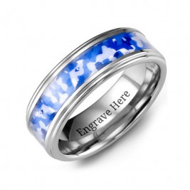 Grooved Tungsten Ring with Royal Blue Camouflage Insert