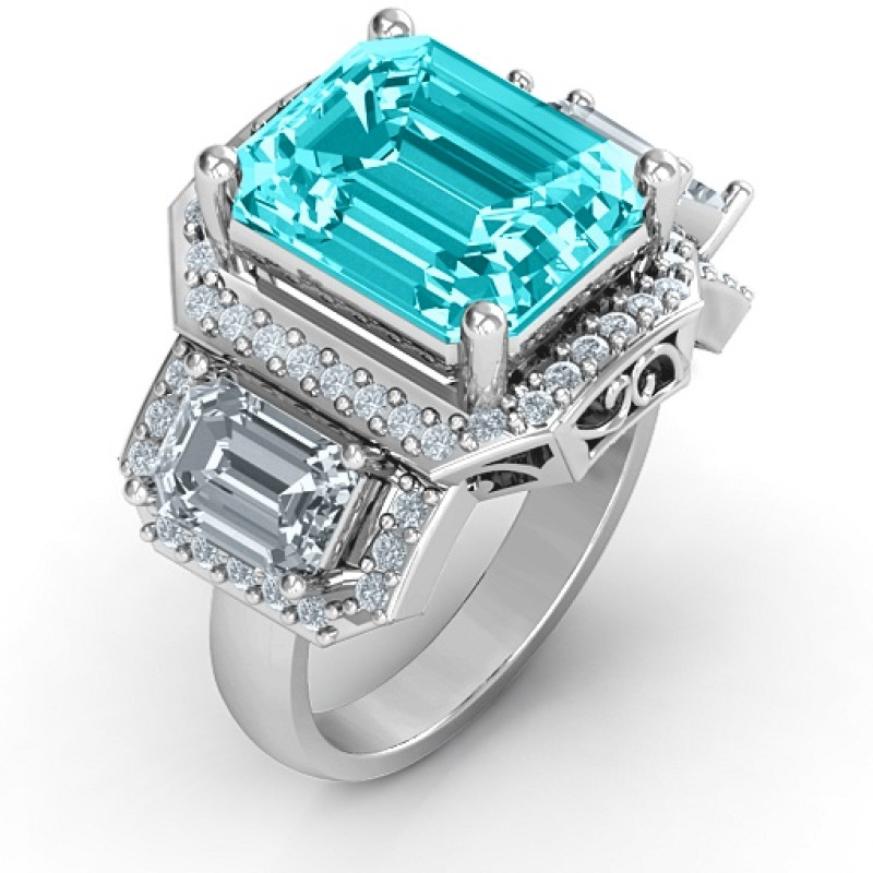 Personalised Rings : Sterling Silver Emerald Cut Trinity Ring with ...