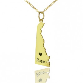 Custom Delaware State Shaped Necklaces With Heart  Name Gold Plated