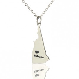 Custom New Hampshire State Shaped Necklaces With Heart  Name Silver