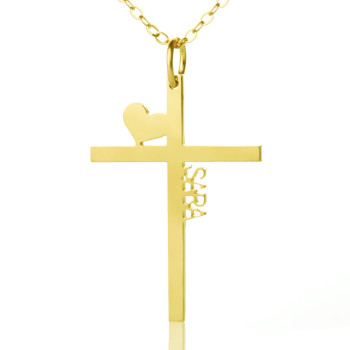 Personalised 18ct Gold Plated Silver Cross Name Necklace with Heart