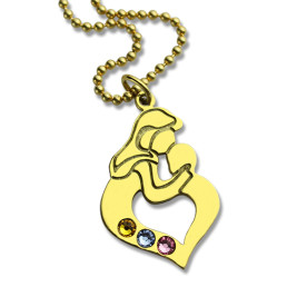 Personalised Mother Child Necklace with Birthstone Gold Plated Silver