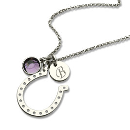 Horseshoe Good Luck Necklace with Initial  Birthstone Charm