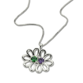 Personalised Double Flower Pendant with Birthstone Sterling Silver