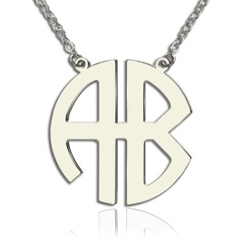 Two Initial Block Monogram Pendant Necklace Solid White Gold