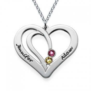 Engraved Couples Birthstone Necklace in Silver	