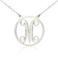Solid White Gold 18ct Single Initial Circle Monogram Necklace