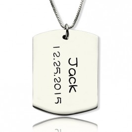 Personalised ID Dog Tag Bar Pendant with Name and Birth Date Silver